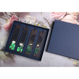 Buddha Gift Green Lotus Bamboo Oriole Ebony Wood Bookmarks With Gift Box
