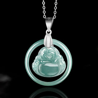 Buddha Gift 925 Sterling Silver Natural Jade Round Laughing Buddha Abundance Chain Necklace Pendant