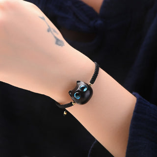 Buddha Gift Small Leaf Red Sandalwood Ebony Wood Cute Cat Head Calm Protection Braided Bracelet