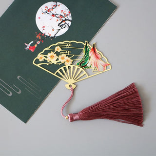 Buddha Gift Traditional Butterfly Lotus Flower Crane Dragon Phoenix Fox Koi Fish New Beginning Metal Brass Hollow Fan Bookmarks