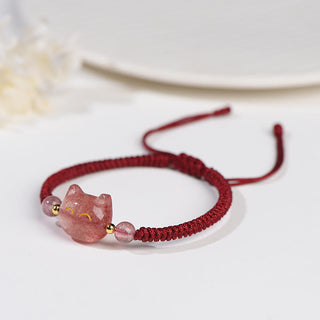 Buddha Gift Handmade Natural Silver Sheen Obsidian Strawberry Quartz Cute Cat Protection Braided Bracelet