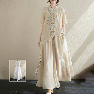 Buddha Gift 2Pcs Flower Embroidery Short Sleeve Tee T-shirt Wide Leg Pants Set