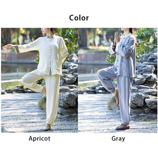 Buddha Gift 2Pcs Frog-Button Long Sleeve Shirt Top Pants Meditation Zen Tai Chi Cotton Linen Clothing Women's Set