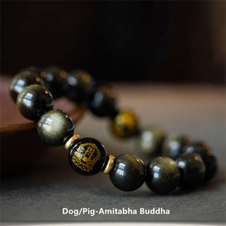 Buddha Gift Chinese Zodiac Natal Buddha Gold Sheen Obsidian Wealth Protection Bracelet