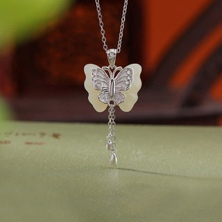 Buddha Gift 925 Sterling Silver Plated Gold Hetian White Jade Butterfly Blessing Necklace Pendant