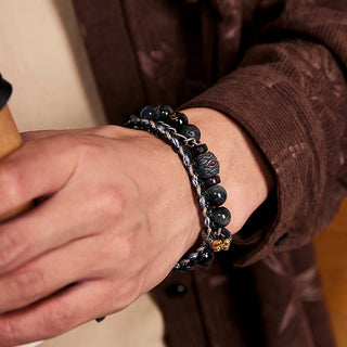 Buddha Gift 925 Sterling Silver Lava Rock Eagle's Eye Stone Lucky Beads Handmade Healing Bracelet