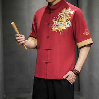 Buddha Gift Frog-Button Chinese Dragon Auspicious Cloud Embroidery Half Sleeve Shirt Cotton Linen Men Clothing
