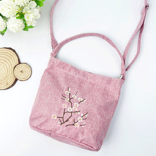 Buddha Gift Embroidery Wisteria Plum Lotus Cherry Blossom Cotton Linen Canvas Tote Crossbody Bag Shoulder Bag Handbag