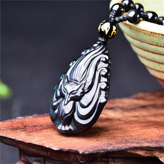 Buddha Gift Natural Rainbow Obsidian Nine Tailed Fox Inner Peace Necklace Beaded String Pendant