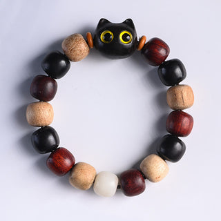 Buddha Gift Small Leaf Red Sandalwood Ebony Wood Cute Cat Engraved Protection Bracelet