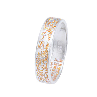 Buddha Gift 999 Sterling Silver Gold-Painted Joyful Flower Pattern Peaceful Heart Sutra Ring