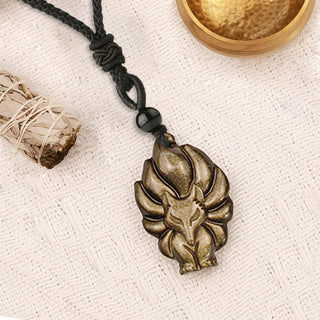 Buddha Gift Natural Fluorite Gold Sheen Obsidian Fox Pendant Protection Necklace