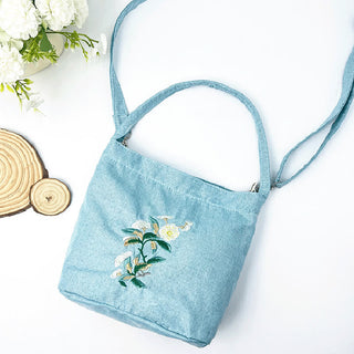 Buddha Gift Embroidery Wisteria Plum Lotus Cherry Blossom Cotton Linen Canvas Tote Crossbody Bag Shoulder Bag Handbag