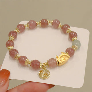 Buddha Gift Year Of The Dragon Red Agate Strawberry Quartz Black Obsidian Jade Garnet Pearl Cinnabar Dumpling Dragon Luck Fu Character Bracelet
