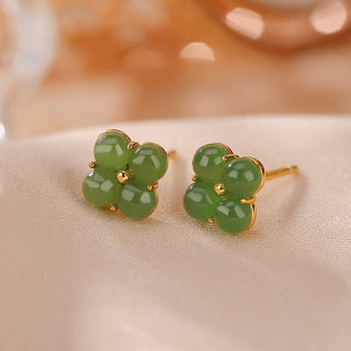 Buddha Gift 925 Sterling Silver Plated Gold Natural Cyan Jade Four Leaf Clover Luck Stud Earrings