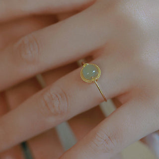 Buddha Gift 14K Gold Plated Round Jade Luck Prosperity Adjustable Ring