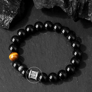 Buddha Gift 999 Sterling Silver Black Obsidian Tiger Eye Om Mani Padme Hum Fulfillment Bracelet