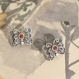 Buddha Gift 925 Sterling Silver Red Agate Butterfly Self-acceptance Ring Earrings Set