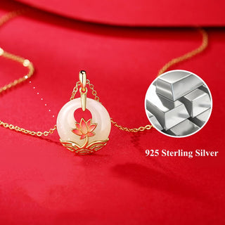Buddha Gift 925 Sterling Silver Hetian White Jade Lotus Flower Blessing Necklace Pendant