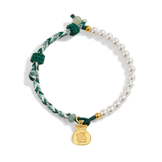 Buddha Gift 925 Sterling Silver Fu Character Lucky Bag Pearl Hetian Jade Wisdom Rope Bracelet
