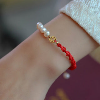 Buddha Gift 14K Gold Plated Pearl Bead Luck Protection Braid Red String Bracelet
