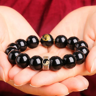 Buddha Gift 925 Sterling Silver Black Obsidian Gold Sheen Obsidian Silver Sheen Obsidian Yin Yang Protection Bracelet