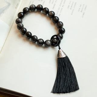 Buddha Gift Natural Silver Sheen Obsidian Black Obsidian Lion Wrist Mala Protection Tassels Pocket Mala Car Decoration