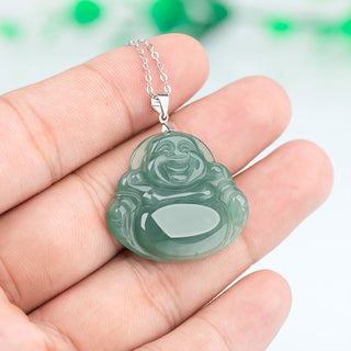 Buddha Gift 925 Sterling Silver Laughing Buddha Jade Protection Calm Necklace Chain Pendant