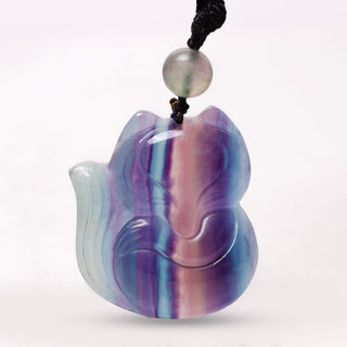 Buddha Gift Natural Fluorite Gold Sheen Obsidian Fox Pendant Protection Necklace