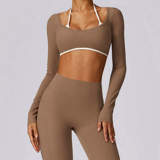 Buddha Gift Solid Color Halter Neck Bra Long Sleeve Crop Tank Top Pants Sports Fitness Gym Yoga Outfits