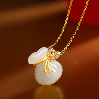Buddha Gift Natural Hetian White Jade Luck Money Bag Necklace Pendant