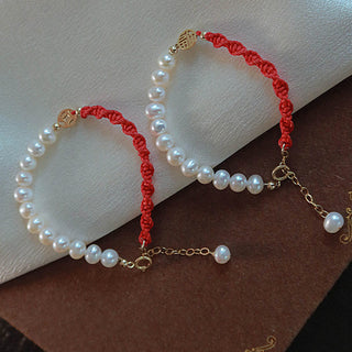 Buddha Gift 14K Gold Plated Pearl Bead Luck Protection Braid Red String Bracelet