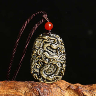 Buddha Gift Gold Sheen Obsidian Dragon Pattern Success Necklace Pendant