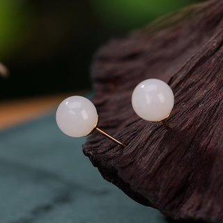 Buddha Gift 925 Sterling Silver Round White Jade Blessing Stud Earrings