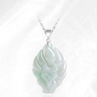 Buddha Gift 925 Sterling Silver Natural Jade Nine Tailed Fox Prosperity Necklace Pendant