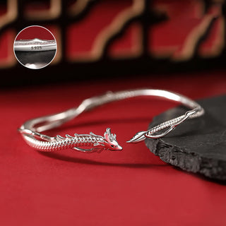 Buddha Gift 925 Sterling Silver Year of the Dragon Design Luck Metal Cuff Bracelet Bangle