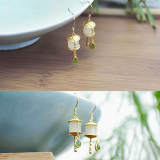 Buddha Gift 925 Sterling Silver Jade Prayer Wheel Luck Drop Earrings