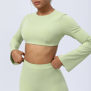 Buddha Gift Long Sleeve Backless Strap Top Bra Flare Pants Fitness Yoga Outfit