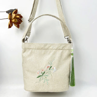 Buddha Gift Embroidery Wisteria Plum Lotus Cherry Blossom Cotton Linen Canvas Tote Crossbody Bag Shoulder Bag Handbag