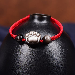 Buddha Gift Natural Silver Sheen Obsidian Gold Sheen Obsidian Cute Cat Paw Claw Protection Rope Bracelet