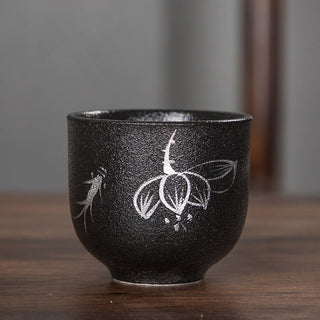 Buddha Gift Hand Painted Lotus Flower Bamboo Chrysanthemum Black Pottery Ceramic Teacup Kung Fu Tea Cup 95ml