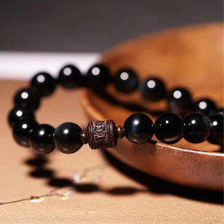 Buddha Gift Natural Gold Sheen Obsidian Rainbow Obsidian Om Mani Padme Hum Fu Character Healing Bracelet