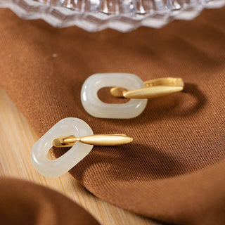 Buddha Gift 925 Sterling Silver Round White Jade Happiness Blessing Earrings