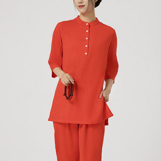 Buddha Gift 2Pcs Solid Color Three Quarter Shirt Top Pants Meditation Zen Tai Chi Cotton Linen Clothing Women's Set