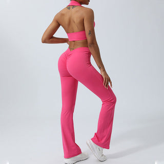 Buddha Gift 2Pcs Workout Sleeveless Backless Top Shorts Flared Pants Sports Fitness Yoga Outfit Set