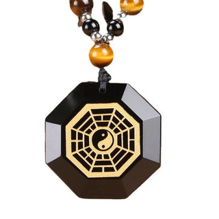 Buddha Gift Bagua Yin Yang Black Obsidian Purification Beaded Necklace Pendant