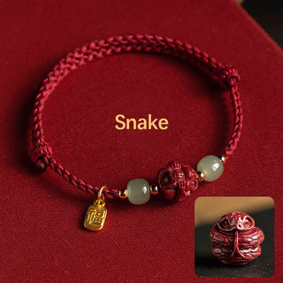 Buddha Gift Natural Cinnabar Chinese Zodiac Hetian Jade Fu Character Luck Rope Bracelet