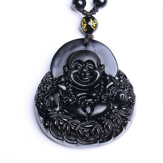 Buddha Gift Laughing Buddha Black Obsidian Strength Protection Pendant Necklace