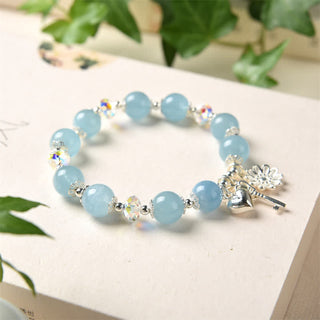 Buddha Gift 925 Sterling Silver Natural Aquamarine Serenity Flower Love Key Charm Bracelet