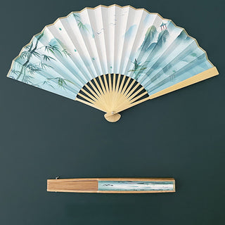 Buddha Gift Retro Lotus Flower Leaf Mountain Lake Handheld Folding Fan With Bamboo Frames